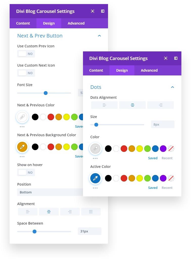 Dot and Next/Previous Navigation divi post carousel settings